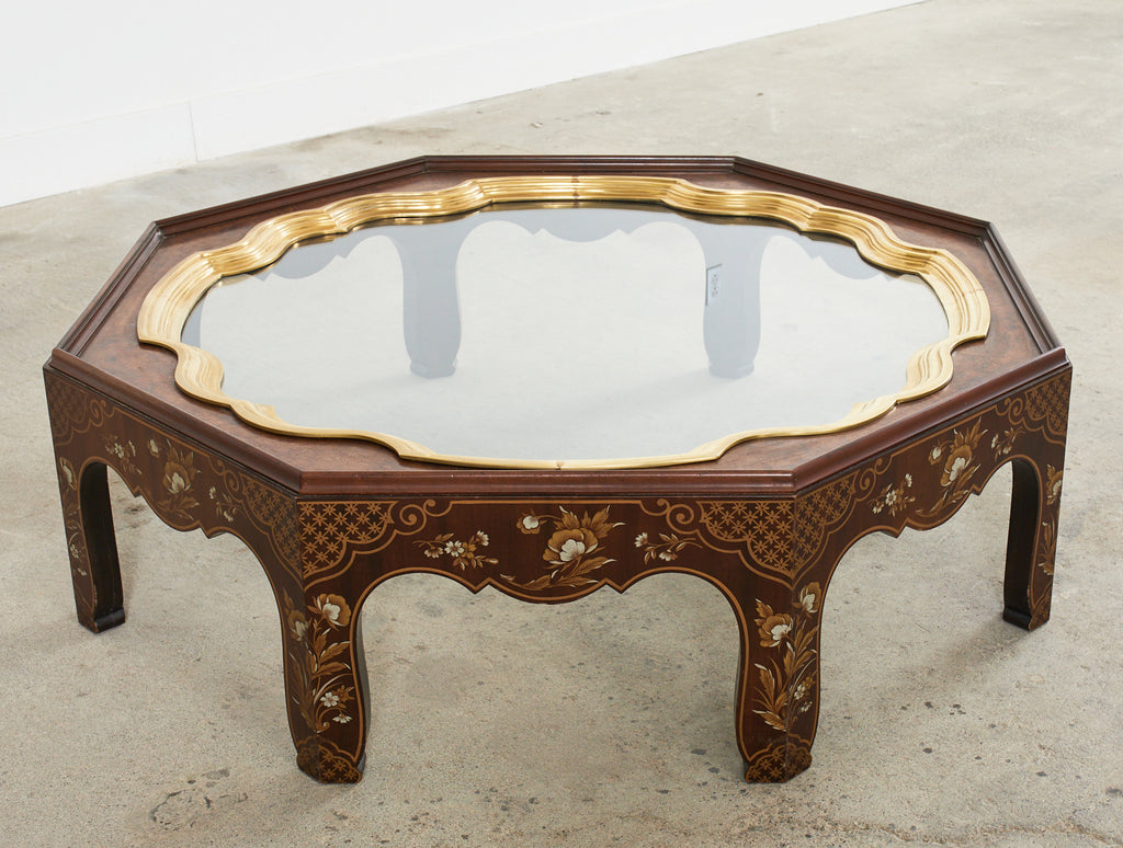 Baker Chinoiserie Octagonal Lacquered Brass Tray Cocktail Table