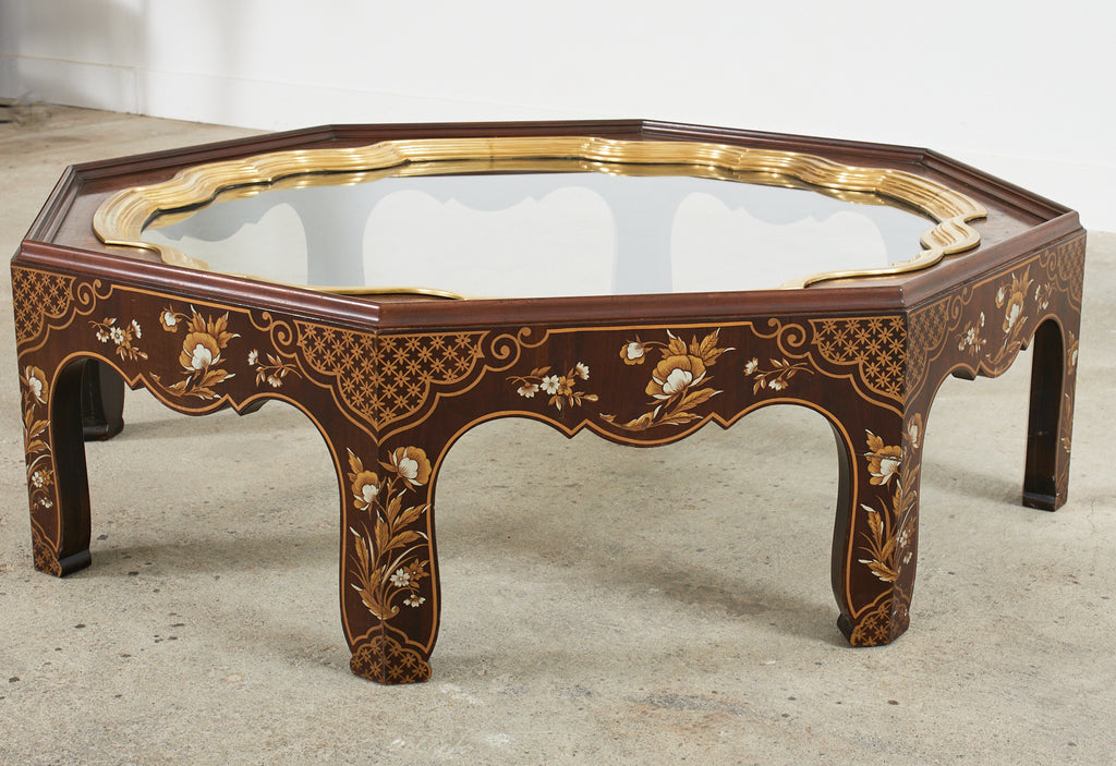 Baker Chinoiserie Octagonal Lacquered Brass Tray Cocktail Table