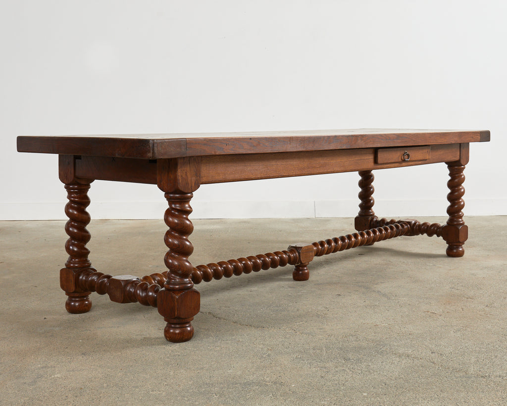 French Louis XIII Style Oak Barley Twist Trestle Dining Table