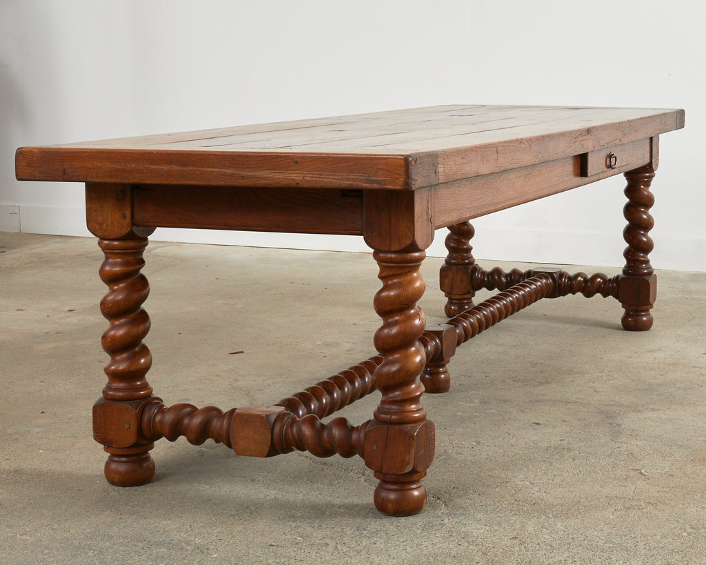 French Louis XIII Style Oak Barley Twist Trestle Dining Table