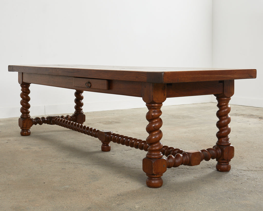 French Louis XIII Style Oak Barley Twist Trestle Dining Table