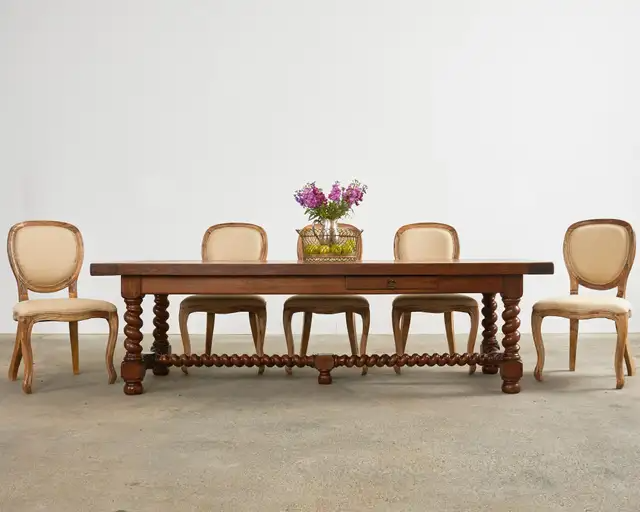 French Louis XIII Style Oak Barley Twist Trestle Dining Table