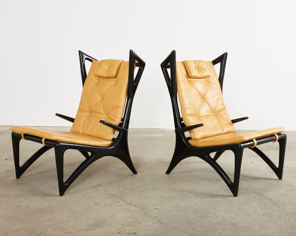 Pair of Italian Gio Ponti Style Ebonized Lounge Chairs