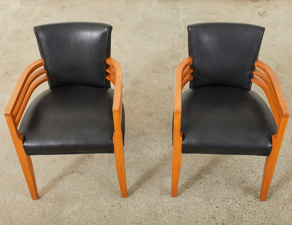 Set of Six Knoll Art Deco Style Leather Dining Armchairs