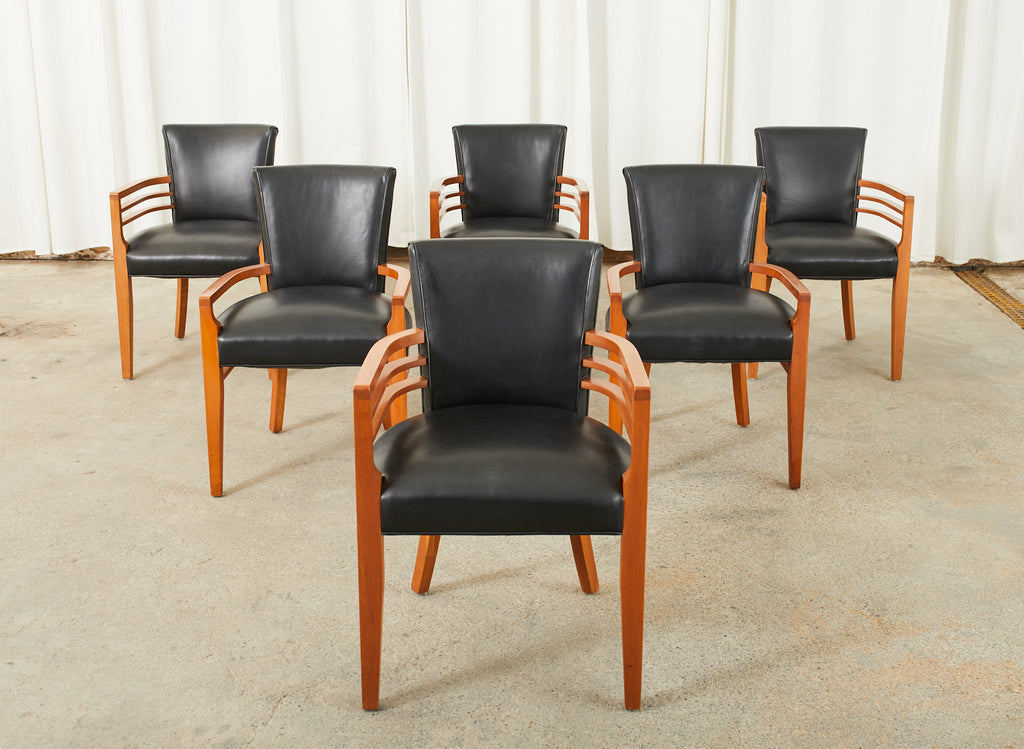 Set of Six Knoll Art Deco Style Leather Dining Armchairs