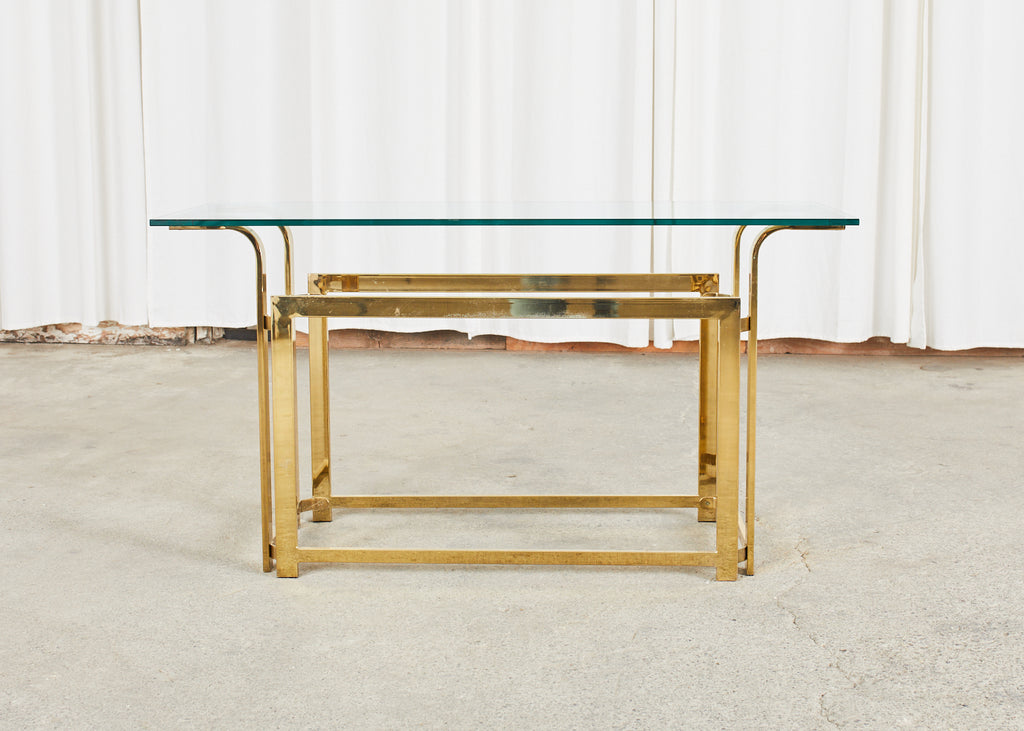 Milo Baughman Style Mid-Century Gold Brass and Glass Console