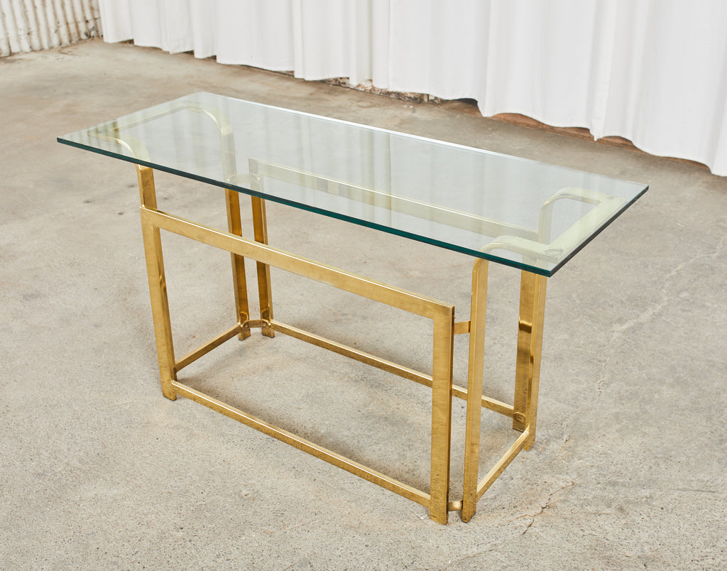 Milo Baughman Style Mid-Century Gold Brass and Glass Console