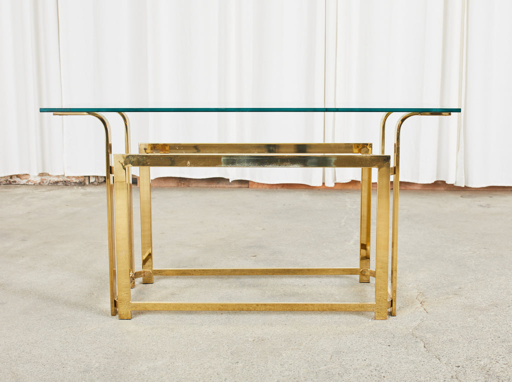 Milo Baughman Style Mid-Century Gold Brass and Glass Console
