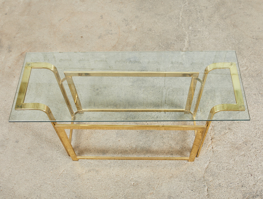 Milo Baughman Style Mid-Century Gold Brass and Glass Console