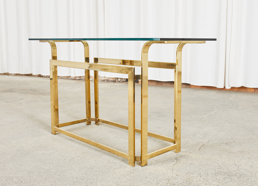 Milo Baughman Style Mid-Century Gold Brass and Glass Console