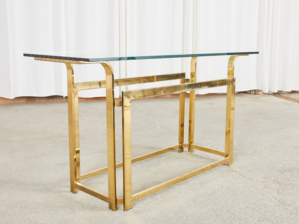 Milo Baughman Style Mid-Century Gold Brass and Glass Console