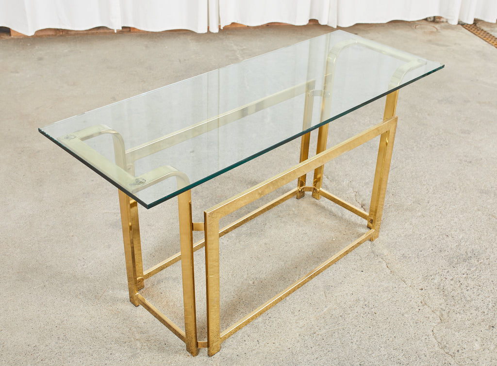Milo Baughman Style Mid-Century Gold Brass and Glass Console