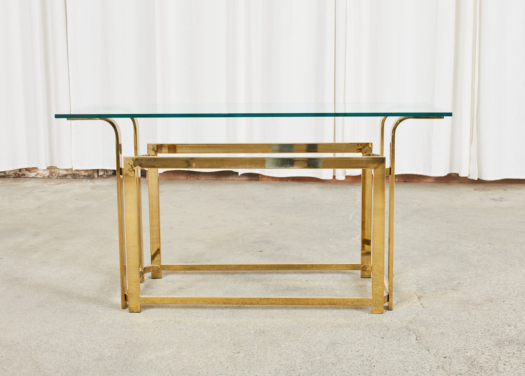 Milo Baughman Style Mid-Century Gold Brass and Glass Console