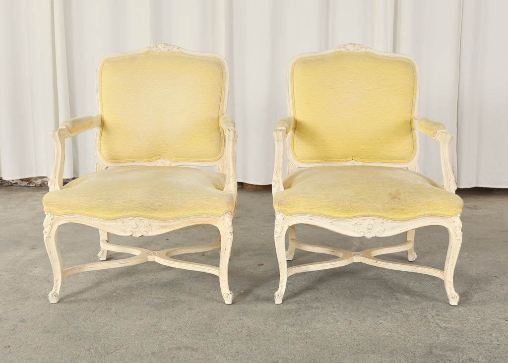 Pair of French Louis XV Style Painted Fauteuil Armchairs