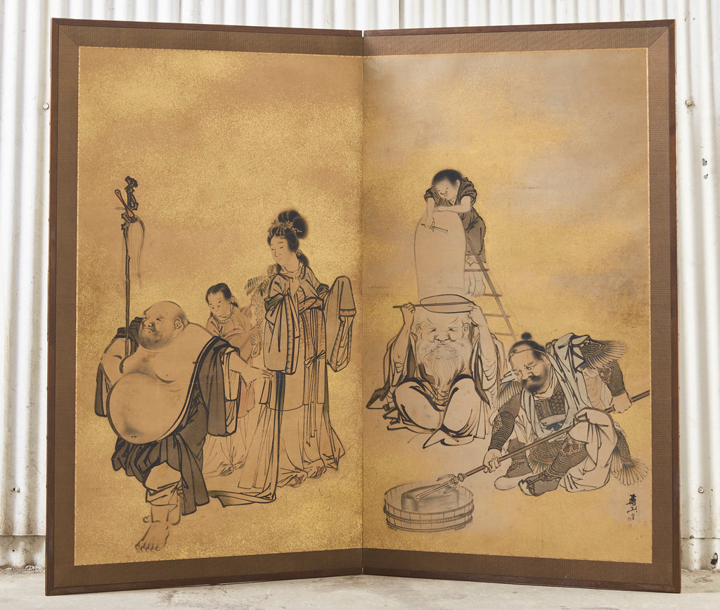 Japanese Edo Two Panel Screen Deities by Yokoyama Kazan
