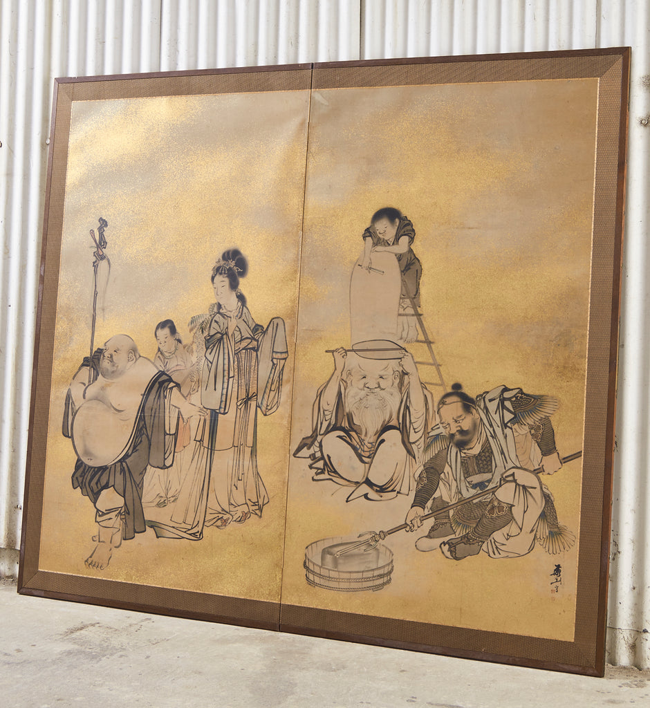 Japanese Edo Two Panel Screen Deities by Yokoyama Kazan