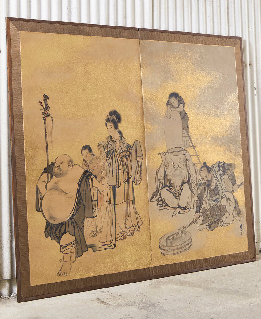 Japanese Edo Two Panel Screen Deities by Yokoyama Kazan