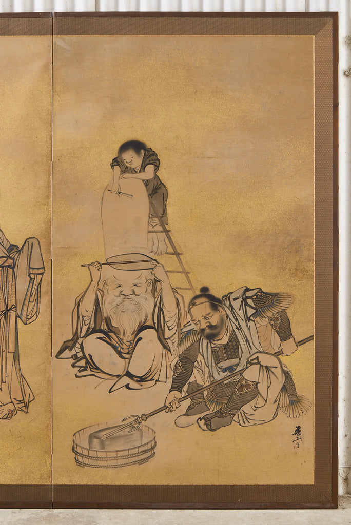 Japanese Edo Two Panel Screen Deities by Yokoyama Kazan