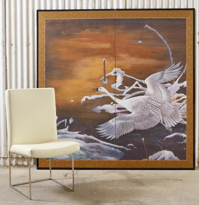 Japanese Style Two-Panel Screen Winter Goose in Flight