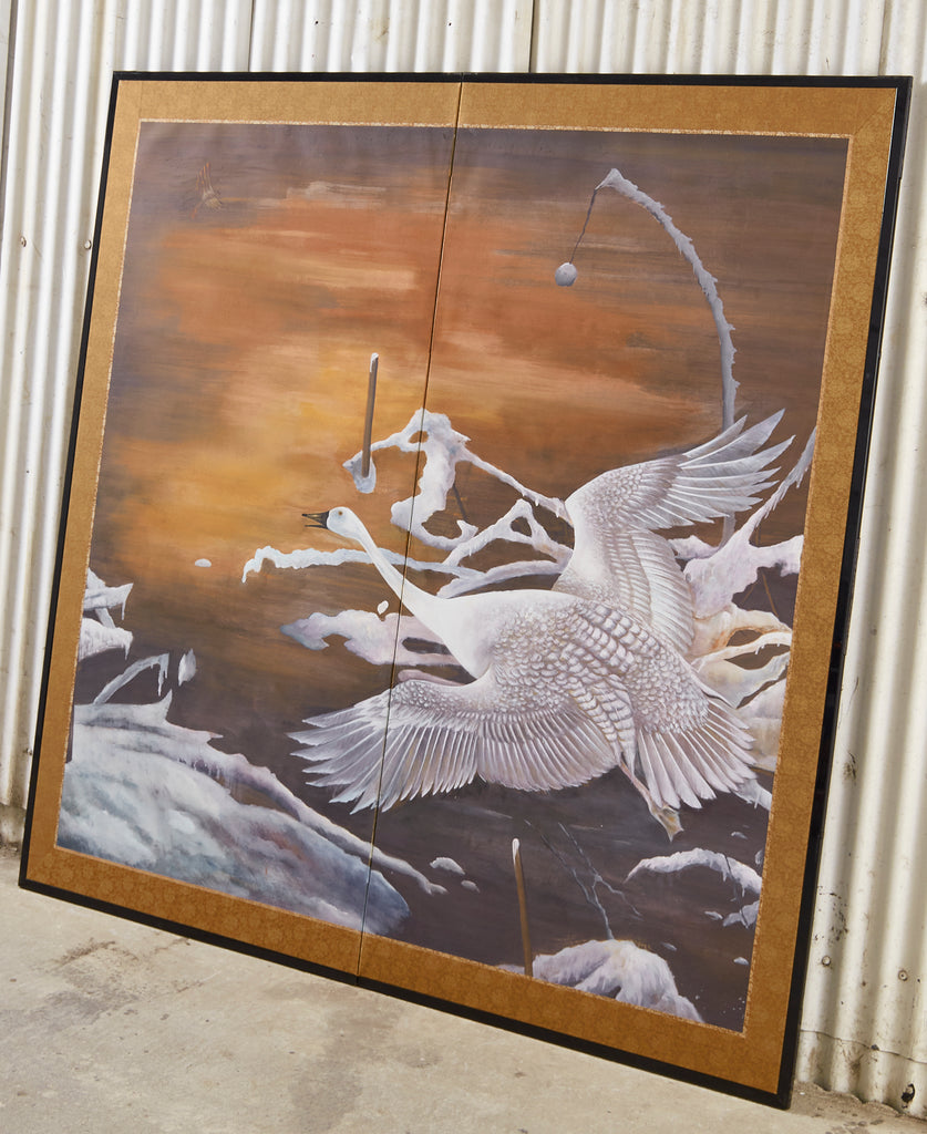 Japanese Style Two-Panel Screen Winter Goose in Flight
