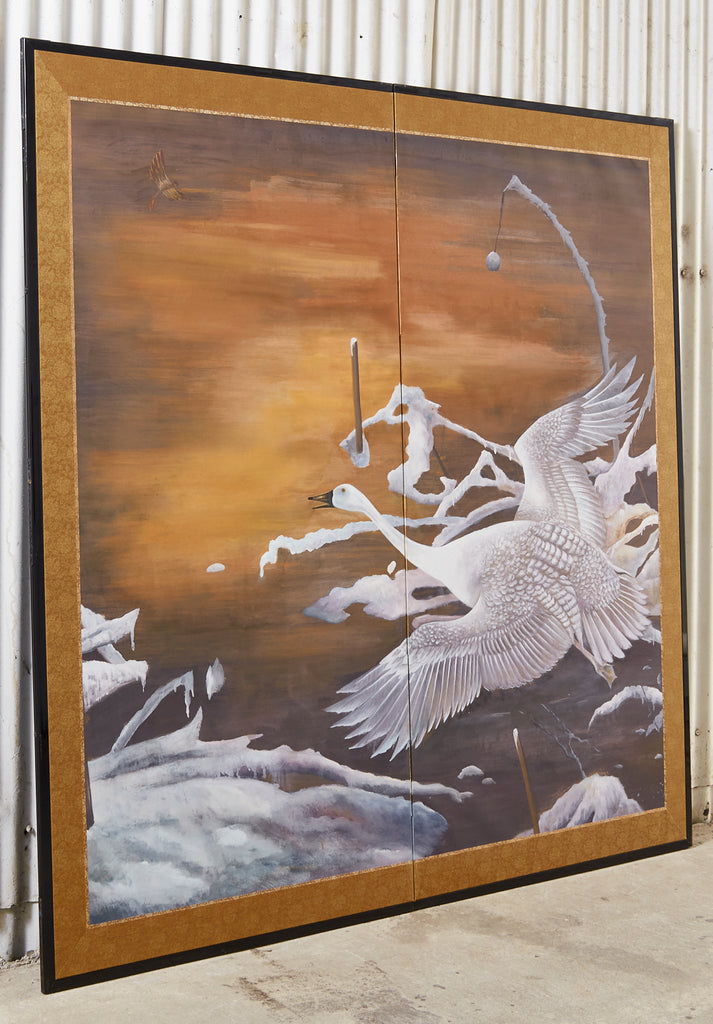 Japanese Style Two-Panel Screen Winter Goose in Flight
