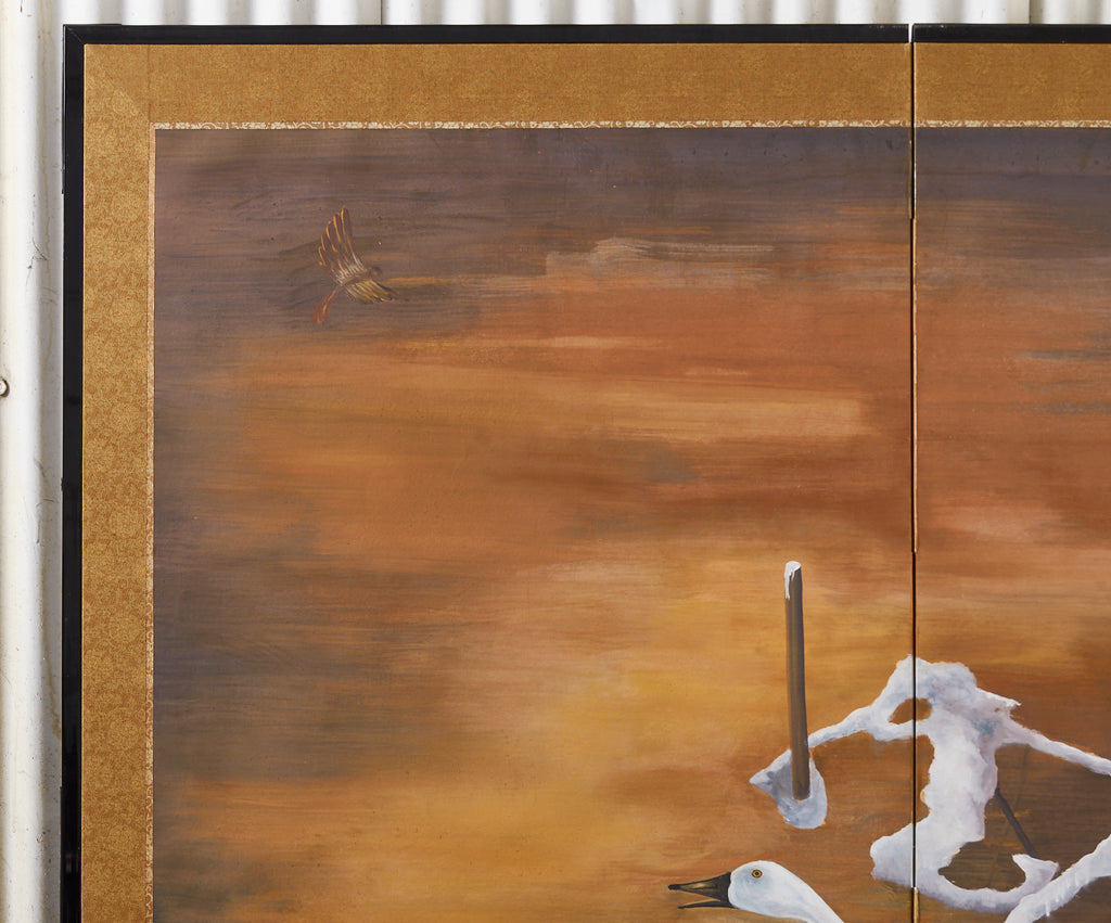 Japanese Style Two-Panel Screen Winter Goose in Flight