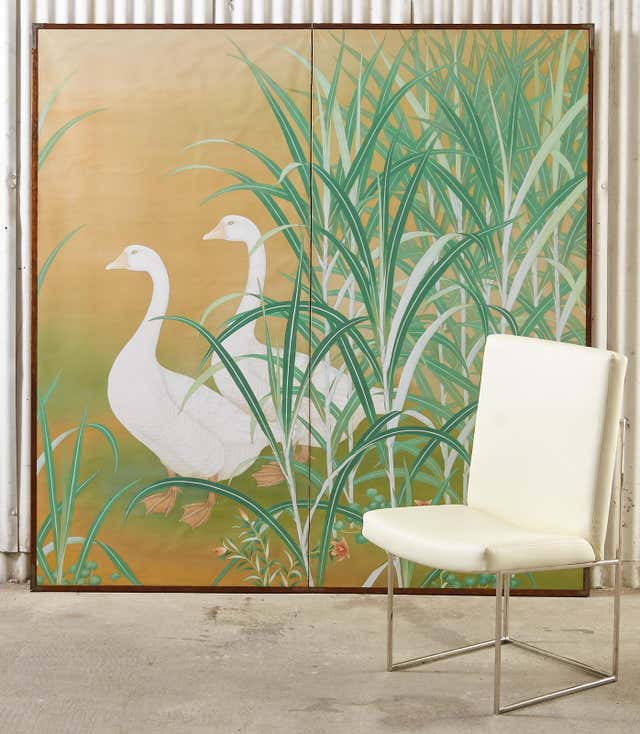 Japanese Meiji Two Panel Screen Geese and Reeds