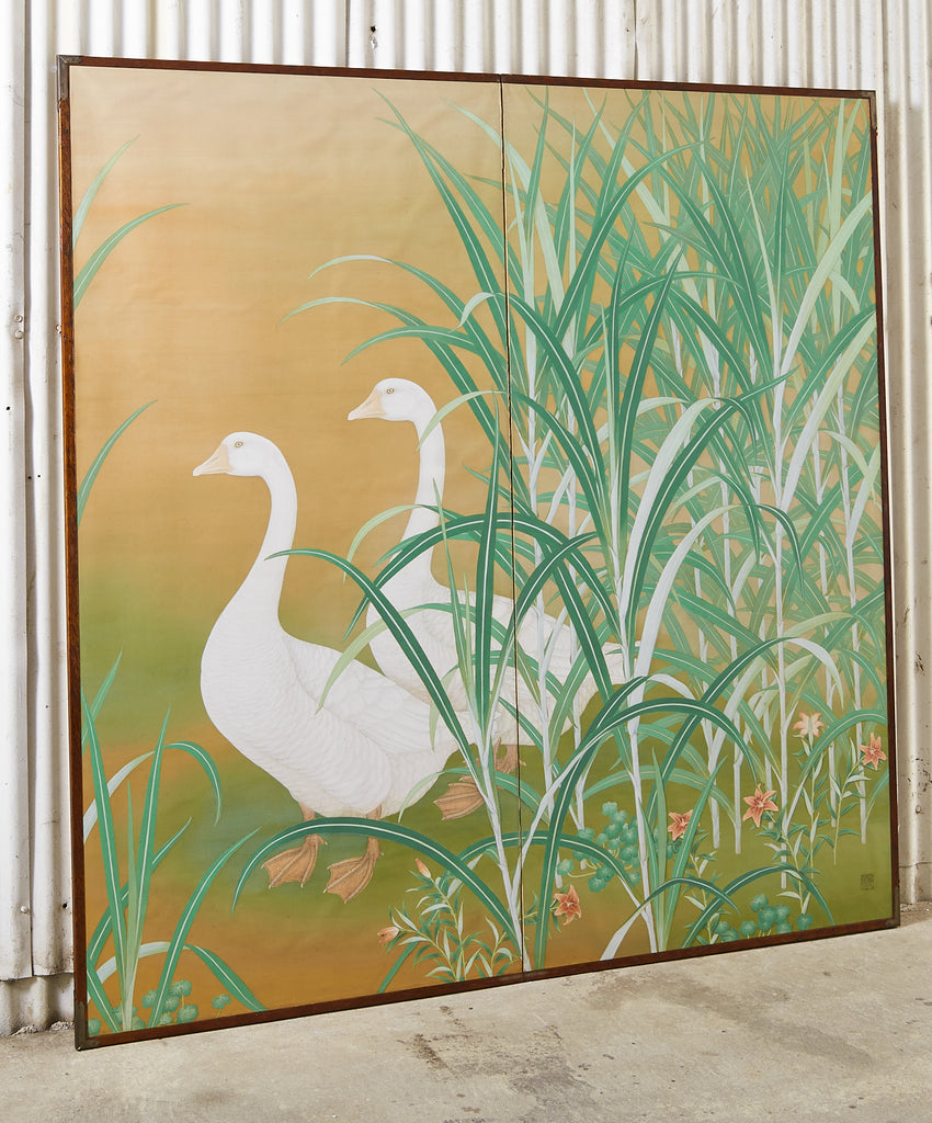 Japanese Meiji Two Panel Screen Geese and Reeds