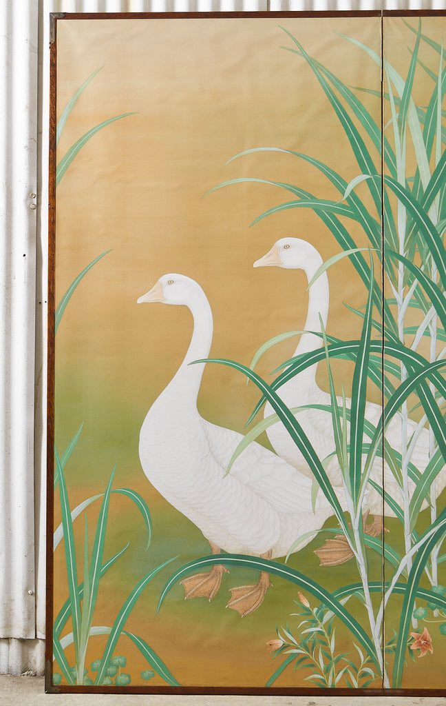 Japanese Meiji Two Panel Screen Geese and Reeds