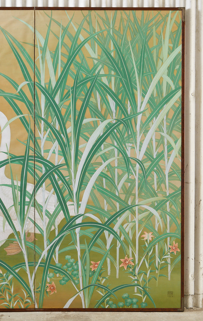 Japanese Meiji Two Panel Screen Geese and Reeds