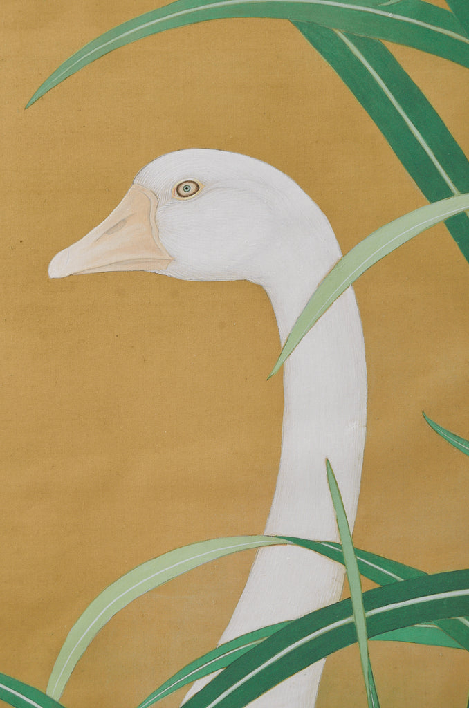 Japanese Meiji Two Panel Screen Geese and Reeds