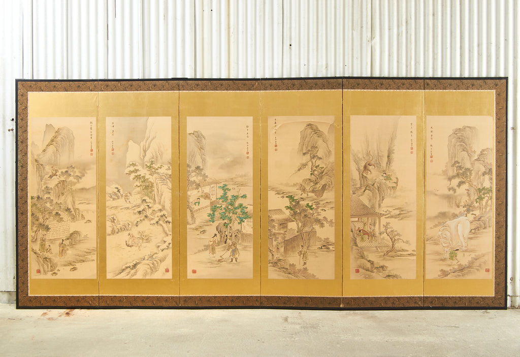 Pair of Japanese Taisho Period Screens Paragons of Filial Piety