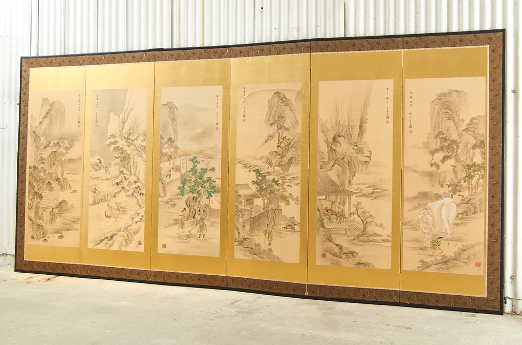 Pair of Japanese Taisho Period Screens Paragons of Filial Piety