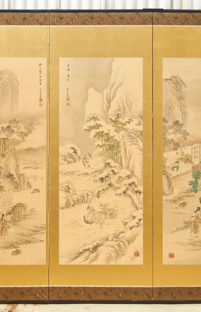 Pair of Japanese Taisho Period Screens Paragons of Filial Piety