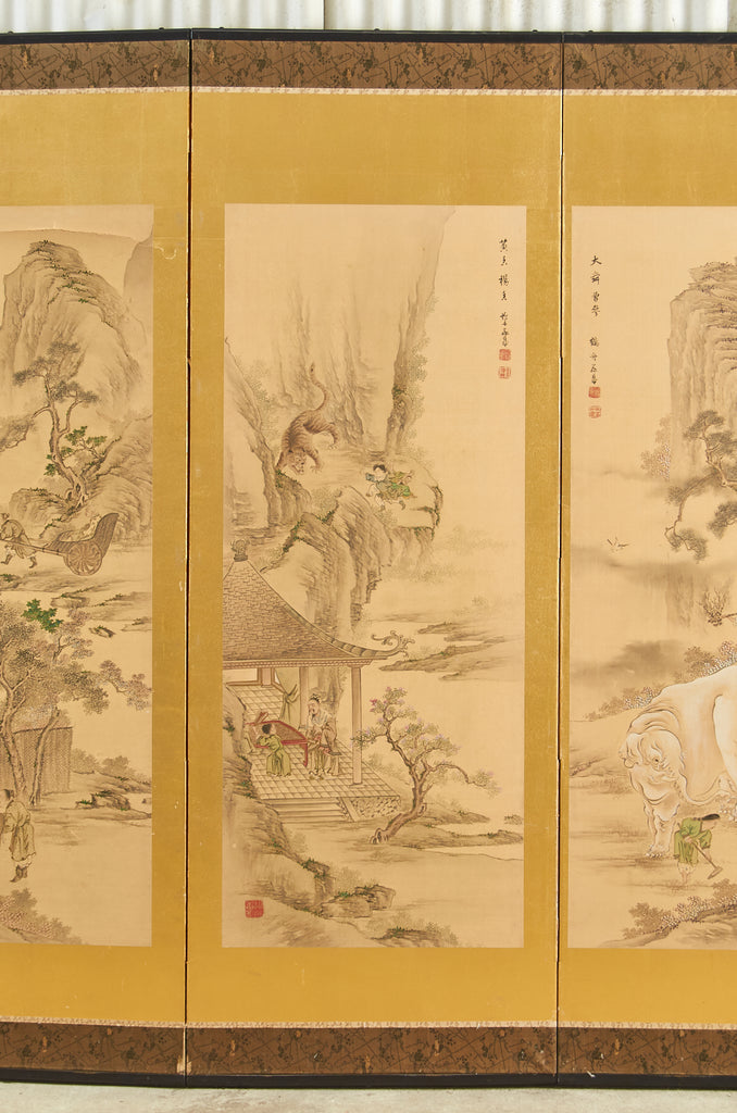 Pair of Japanese Taisho Period Screens Paragons of Filial Piety