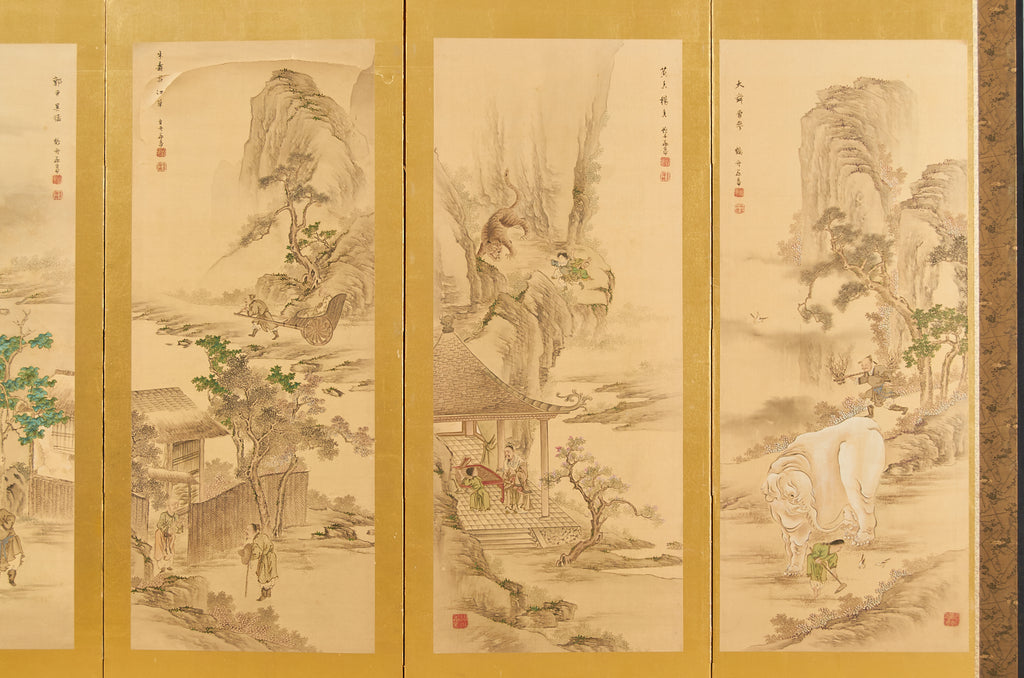 Pair of Japanese Taisho Period Screens Paragons of Filial Piety