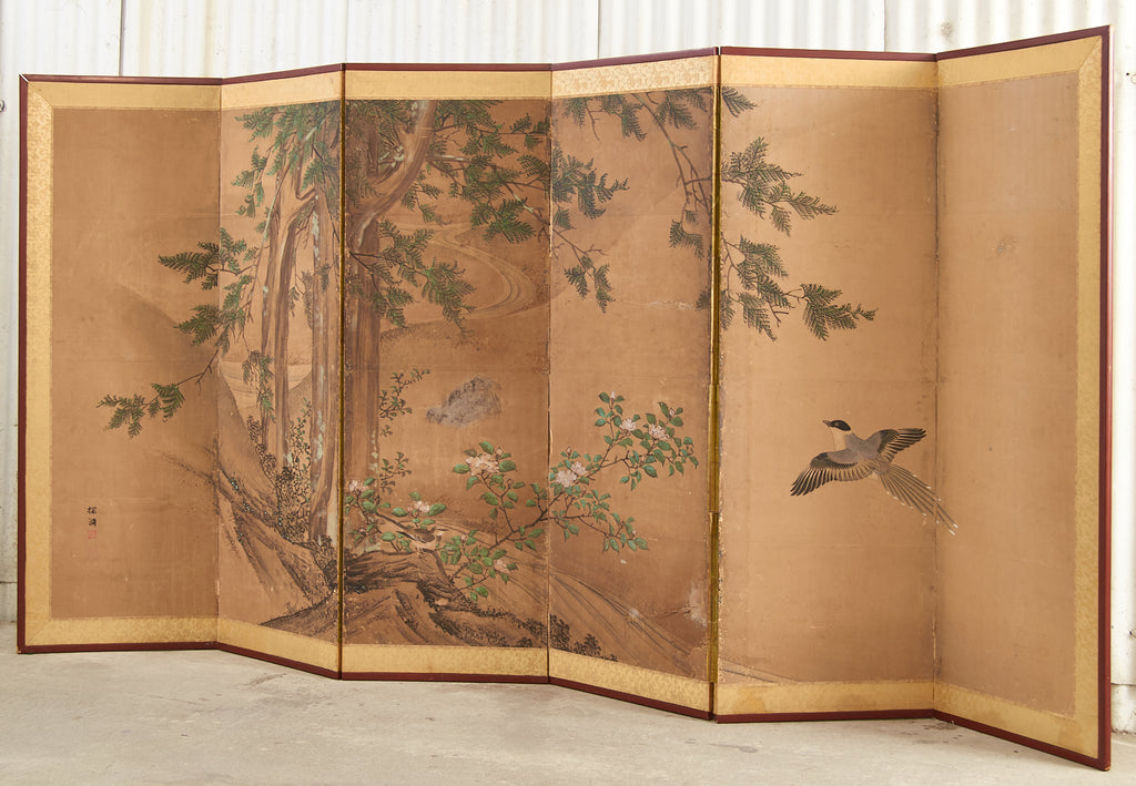 19th Century Japanese Edo Six Panel Kano School Landscape Screen