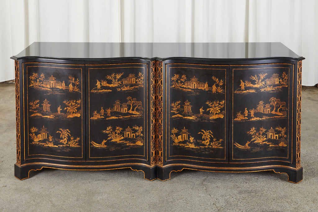 Pair of Nancy Corzine Chinoiserie Marble Top Sideboard Chests