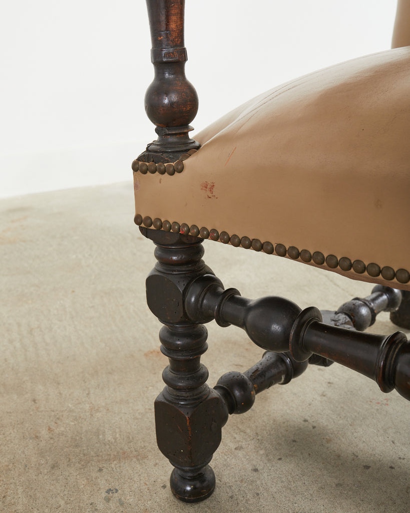Louis XIII Style Walnut Leather Library Chair or Throne Chair