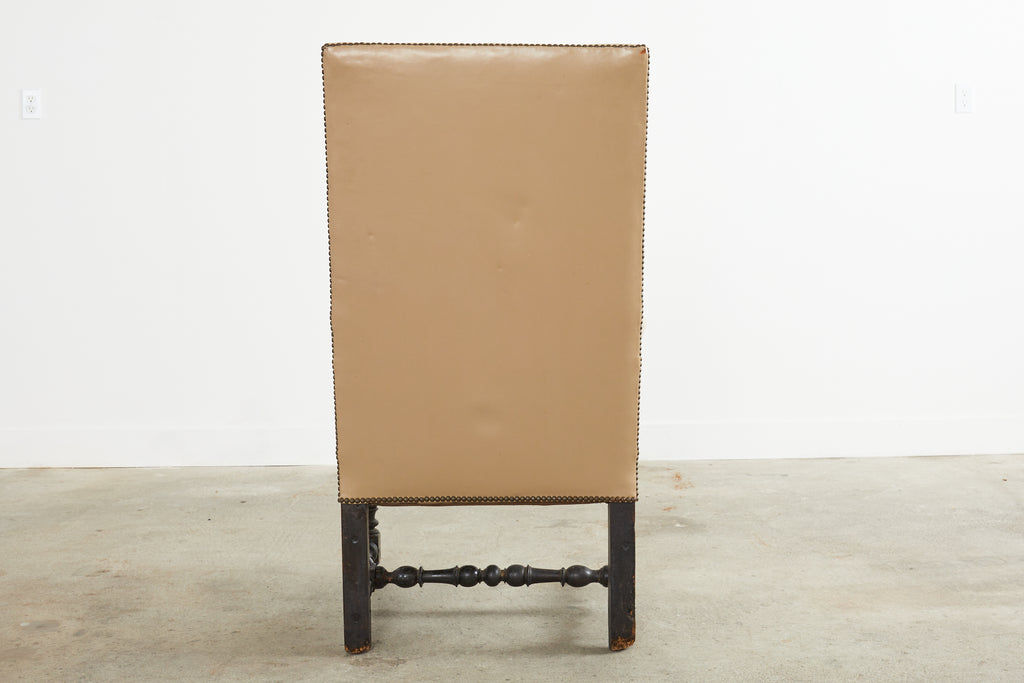 Louis XIII Style Walnut Leather Library Chair or Throne Chair