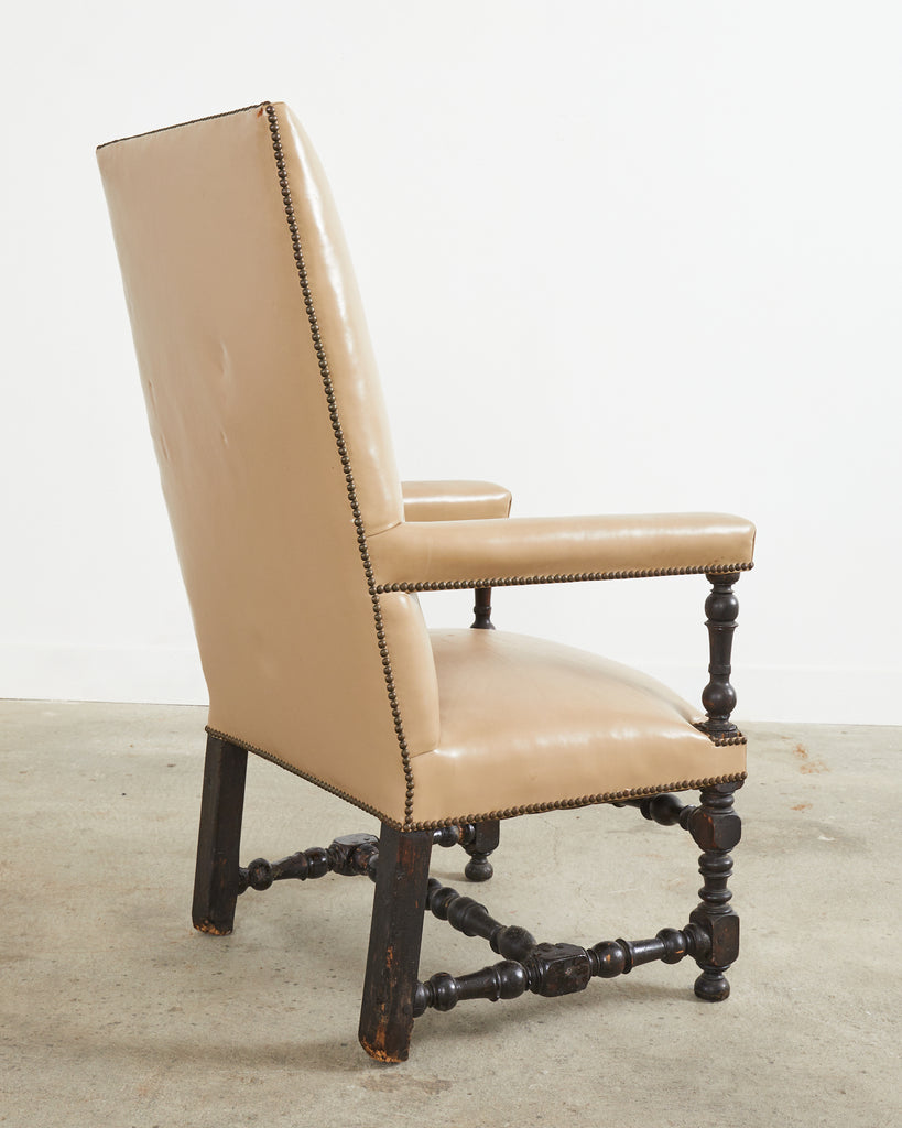 Louis XIII Style Walnut Leather Library Chair or Throne Chair