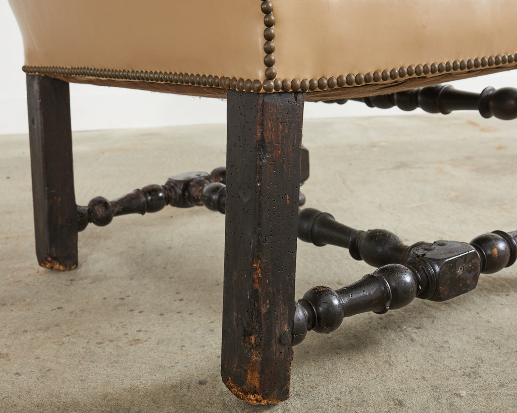 Louis XIII Style Walnut Leather Library Chair or Throne Chair