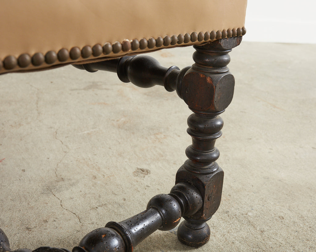 Louis XIII Style Walnut Leather Library Chair or Throne Chair