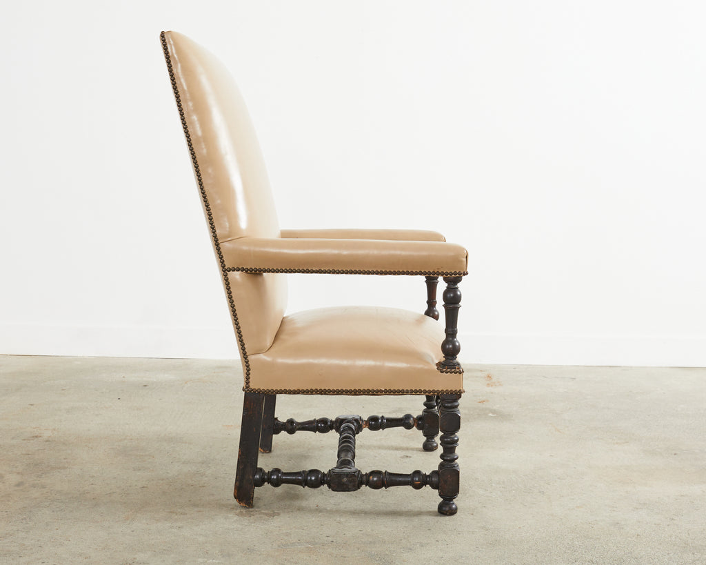 Louis XIII Style Walnut Leather Library Chair or Throne Chair