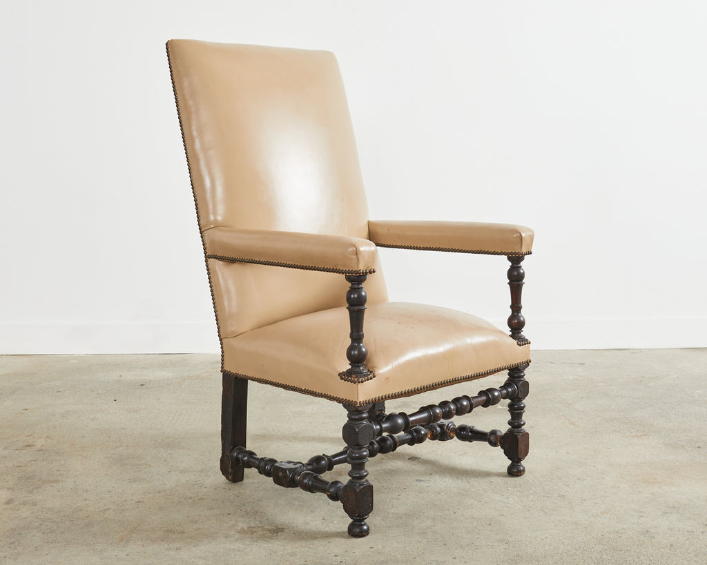 Louis XIII Style Walnut Leather Library Chair or Throne Chair
