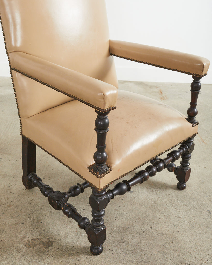 Louis XIII Style Walnut Leather Library Chair or Throne Chair
