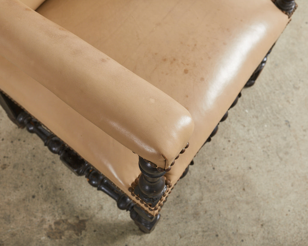 Louis XIII Style Walnut Leather Library Chair or Throne Chair