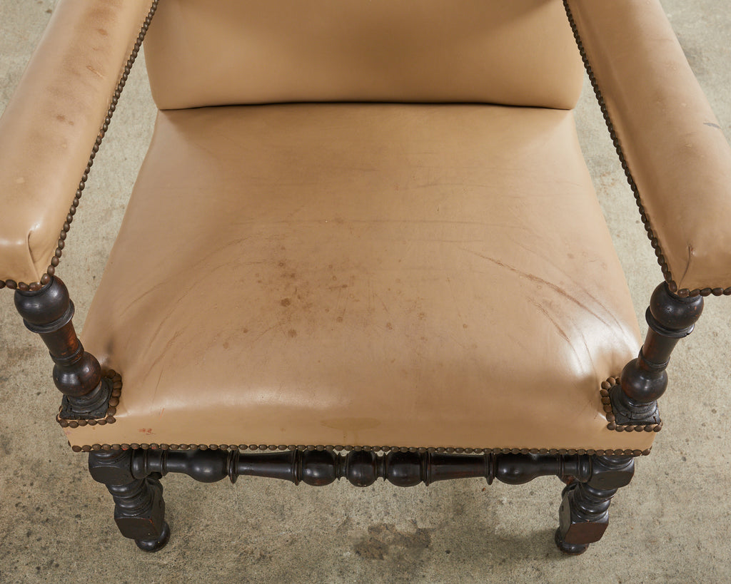 Louis XIII Style Walnut Leather Library Chair or Throne Chair