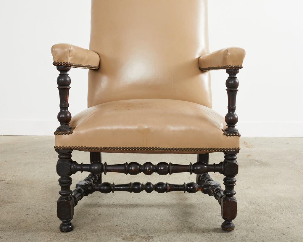 Louis XIII Style Walnut Leather Library Chair or Throne Chair