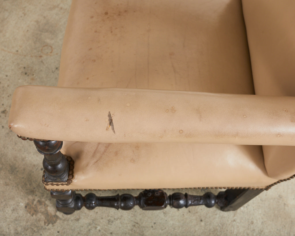 Louis XIII Style Walnut Leather Library Chair or Throne Chair